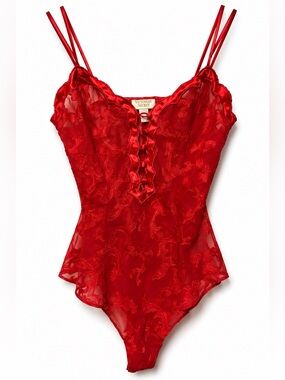 Vintage Victoria's Secret Red Sheer Embroidered Teddy Bodysuit P Y2K Coquette